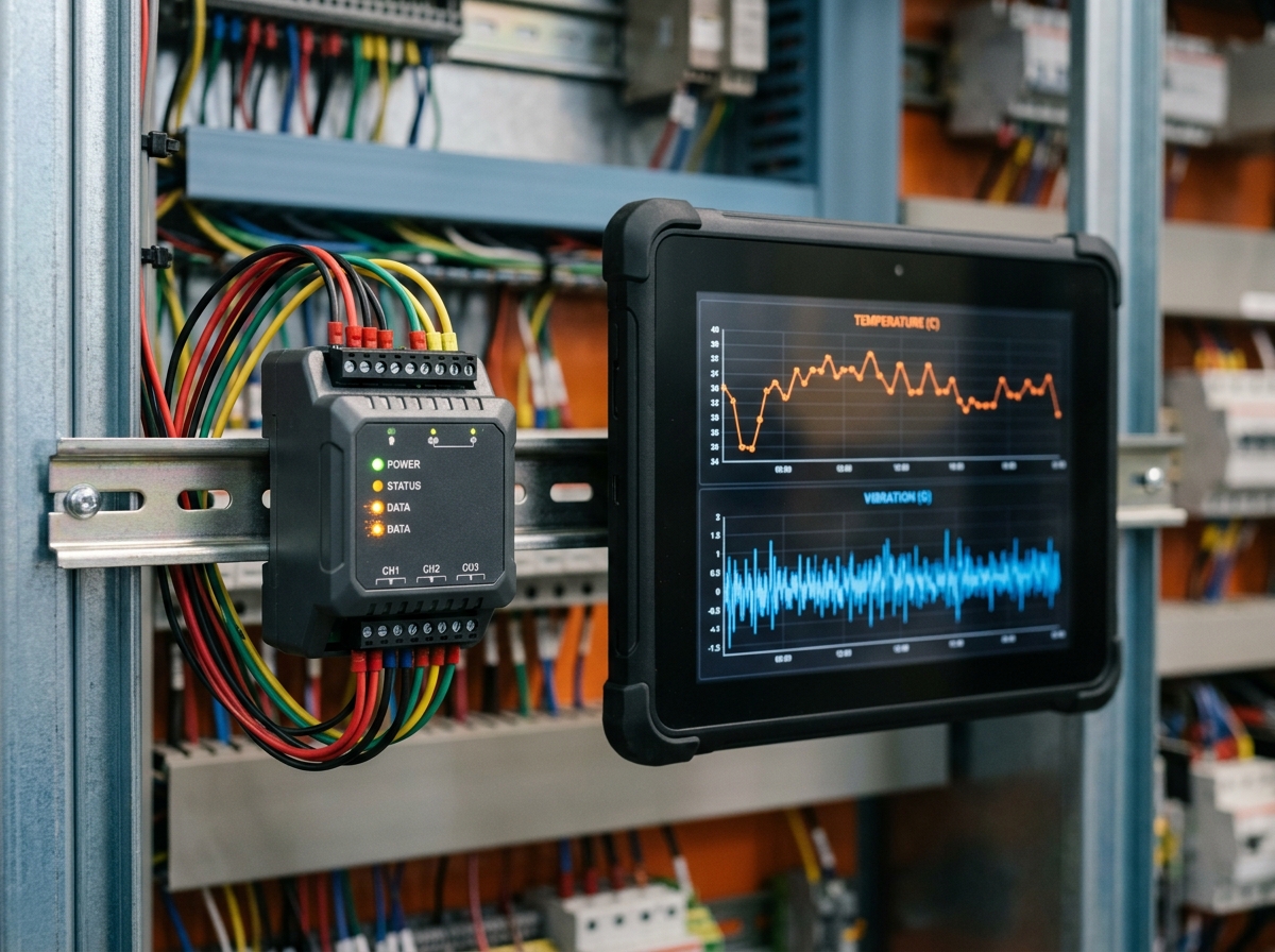 Registrador de datos industrial en armario eléctrico con gráficas de sensores
