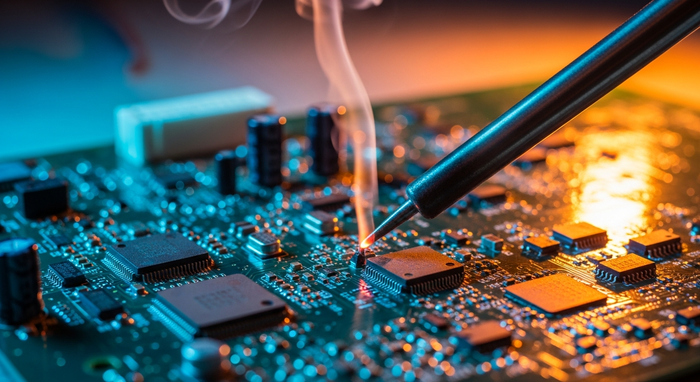 Reparación de placa electrónica industrial con soldador