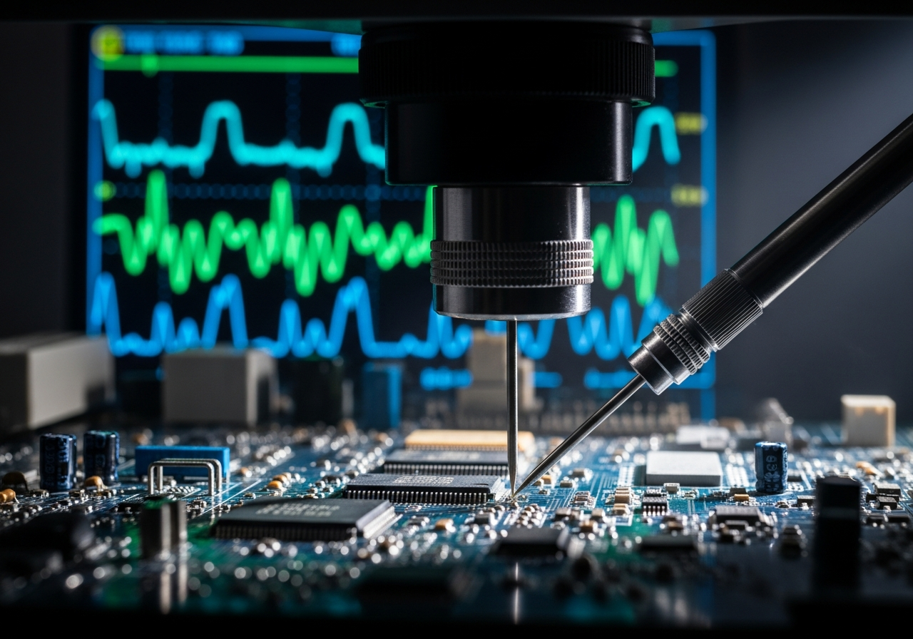 Sonda de medida sobre placa electrónica con señales en pantalla